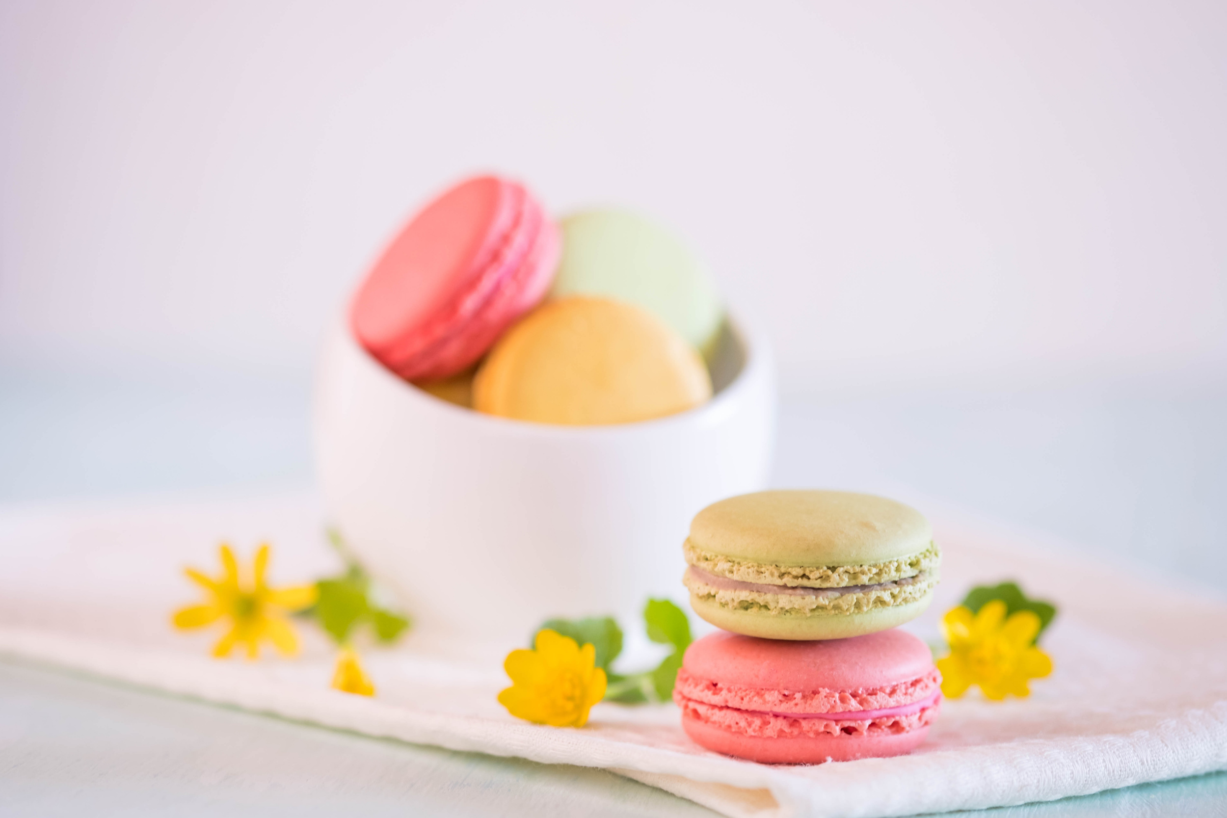 Macarons in white porcelain bowl with nice yellow flowers on blue wooden table
