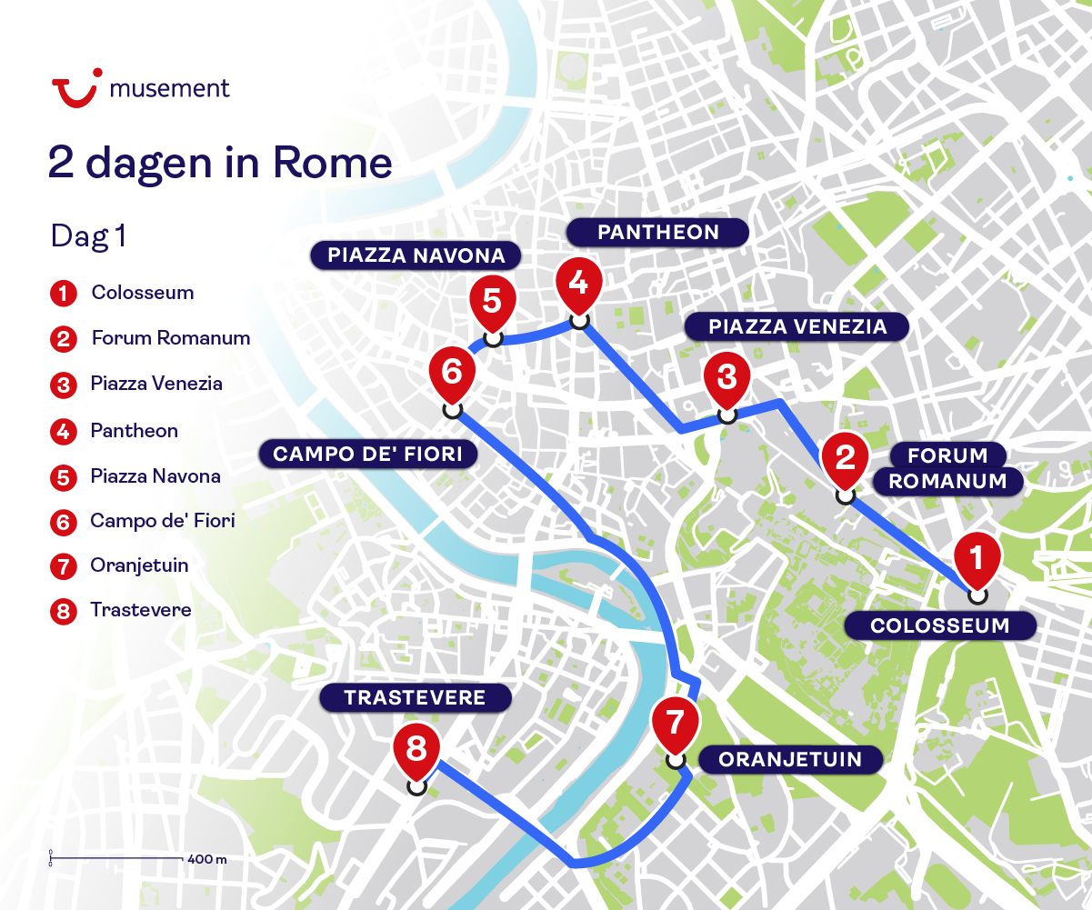 Kaart dag 1 Rome wandel en reisroute